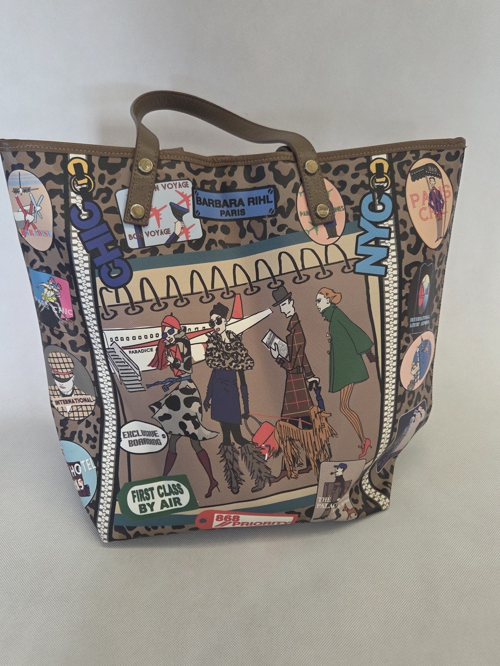 Brown Leopard Print Travel Tote with Colorful Travel Graphics